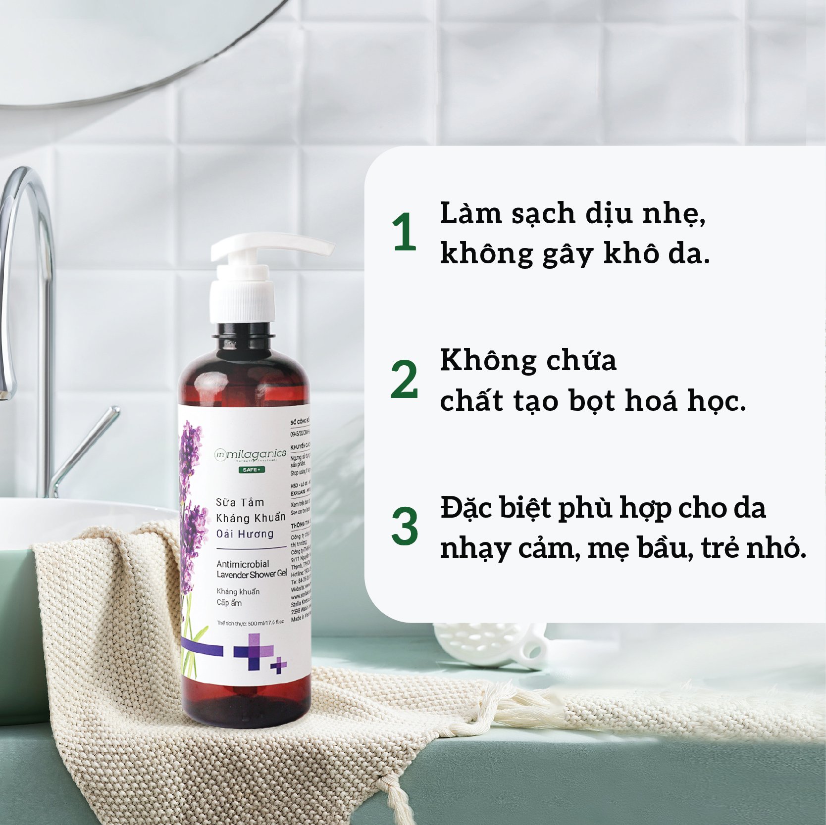 Sữa Tắm Tinh Dầu Oải Hương Kháng Khuẩn, Loại Bỏ Tế Bào Chết, Cấp Ẩm, Tái Tạo Da MILAGANICS 30ml (Chai)