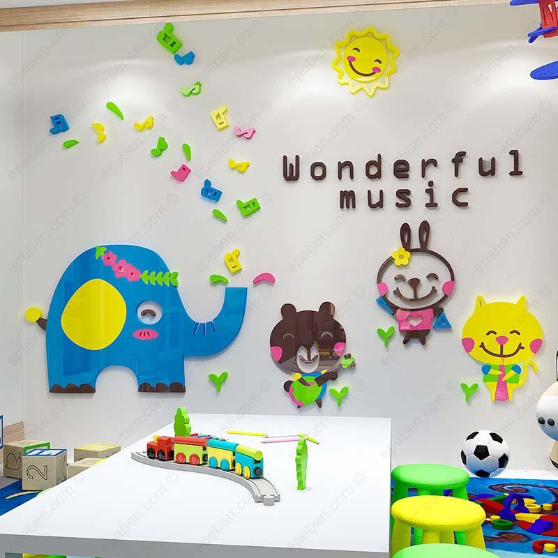 Tranh dán tường mica 3d decor khổ lớn thế giới âm nhạc cho bé trang trí mầm non, mẫu giáo, phòng cho bé