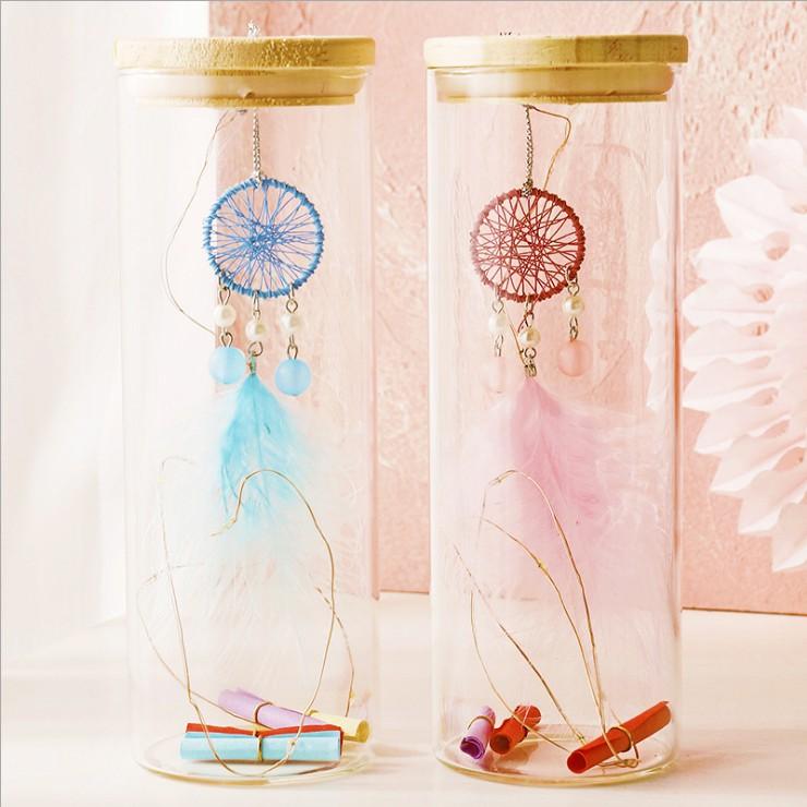 Bình thủy tinh Chuông gió Dreamcatcher - vòng theo đuổi giấc mơ có đèn phát sáng, lọ ước nguyện - quà tặng độc đáo