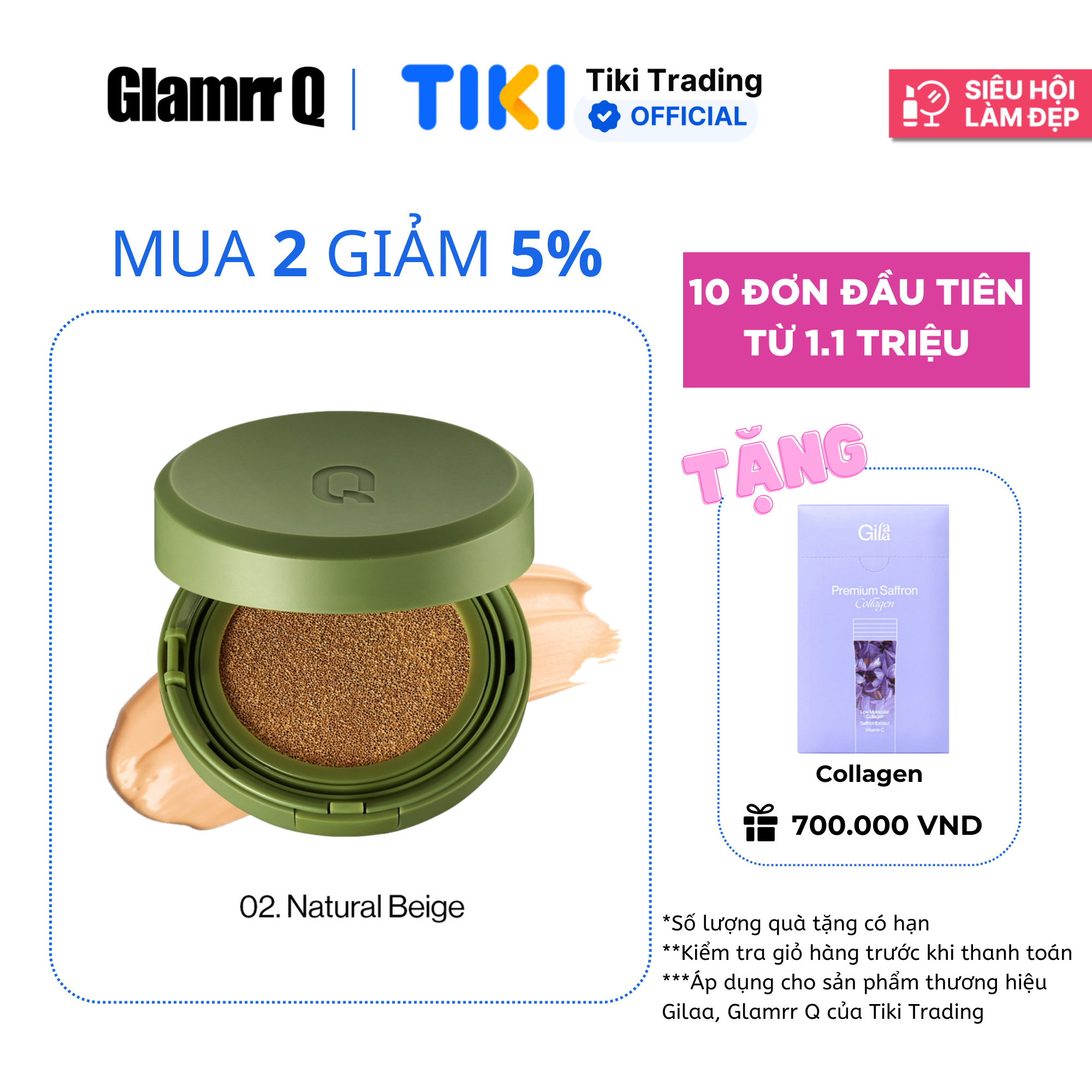 Phấn nước trang điểm che phủ kiềm dầu thuần chay GLAMRR Q VEGAN SUPER COVER CUSHION by Gilaa