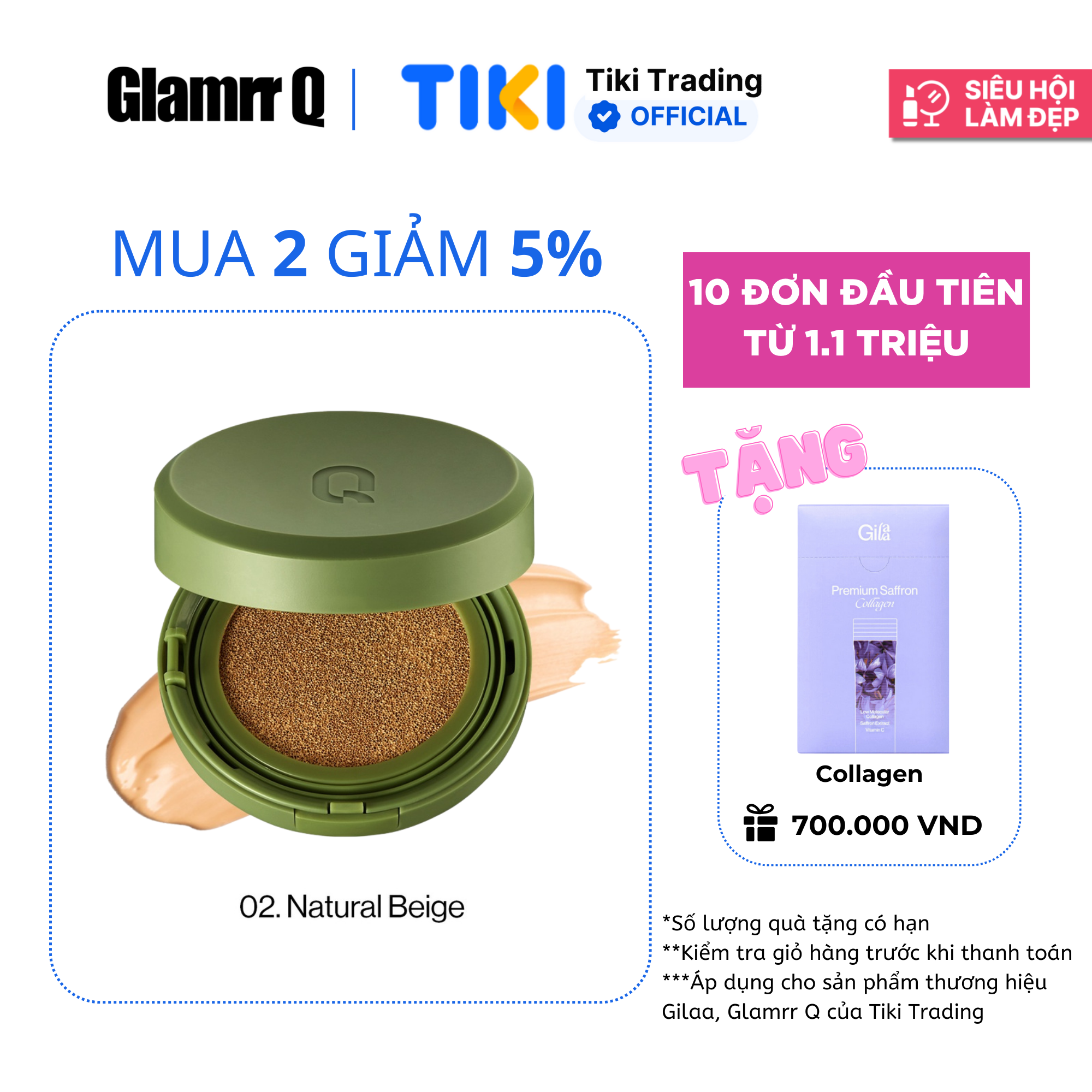 Phấn nước trang điểm che phủ kiềm dầu thuần chay GLAMRR Q VEGAN SUPER COVER CUSHION (1 lõi x 15g) by Gilaa