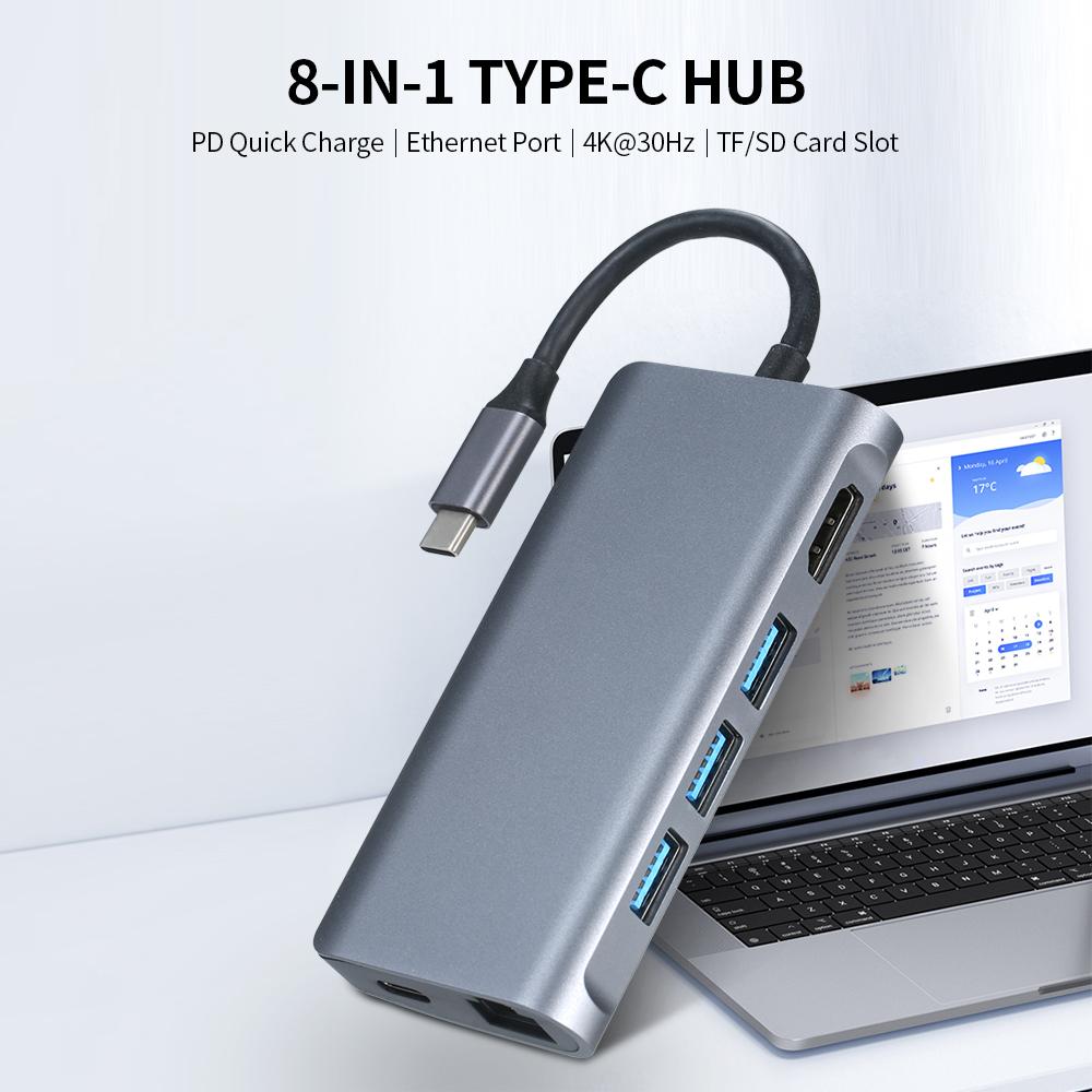Bộ chuyển đổi 8 trong 1 Type-C Hub Type-C sang 4K @ 30Hz HD với cổng Ethernet / USB 3.0 / 87W PD Sạc nhanh / Hỗ trợ thẻ TF&SD