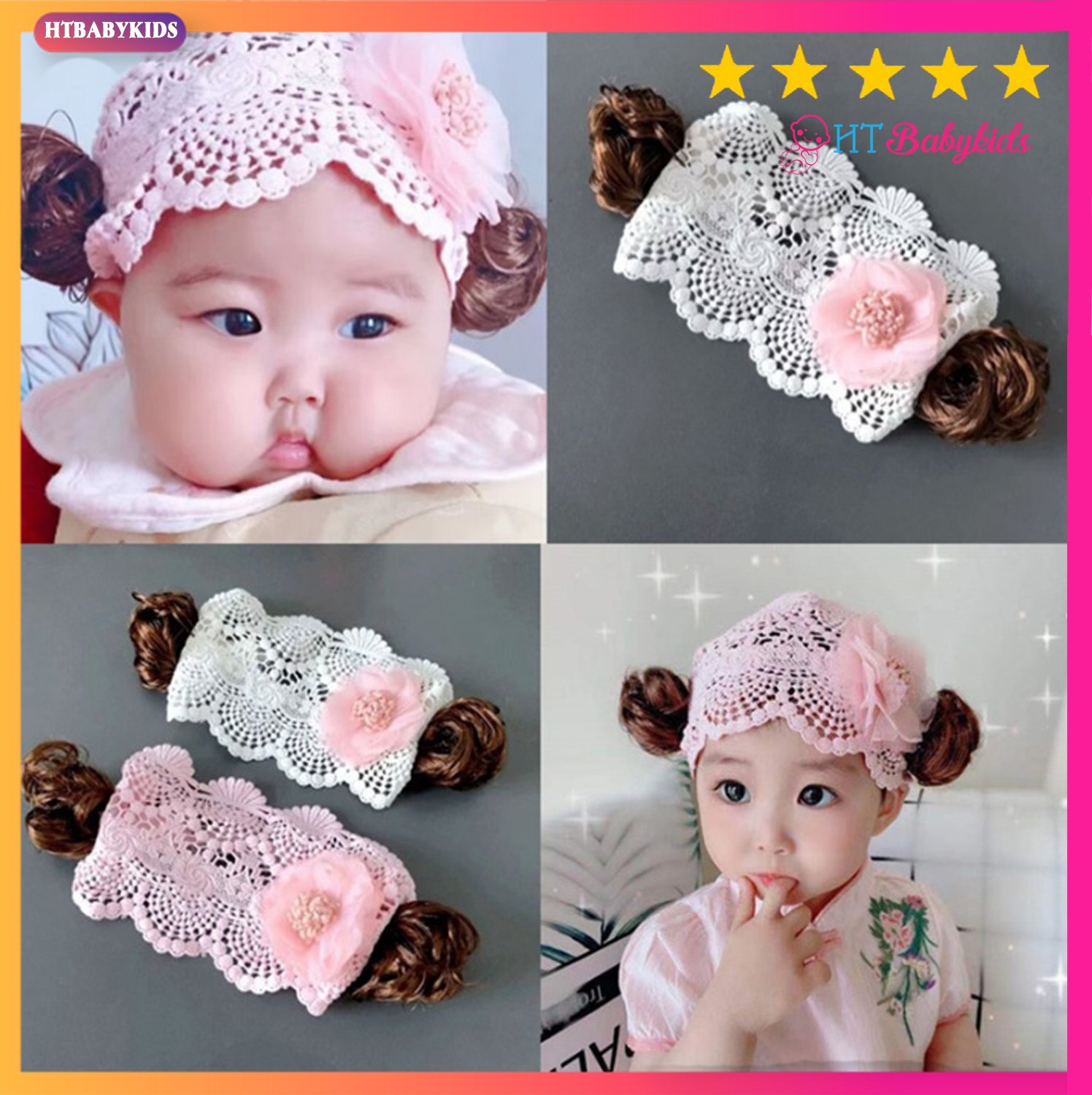 Băng Đô Turban Cho Bé Gái Có Tóc Giả Hai Bên - Chất Vải Thun Cotton Đính Nơ Trắng- Mềm Mịn