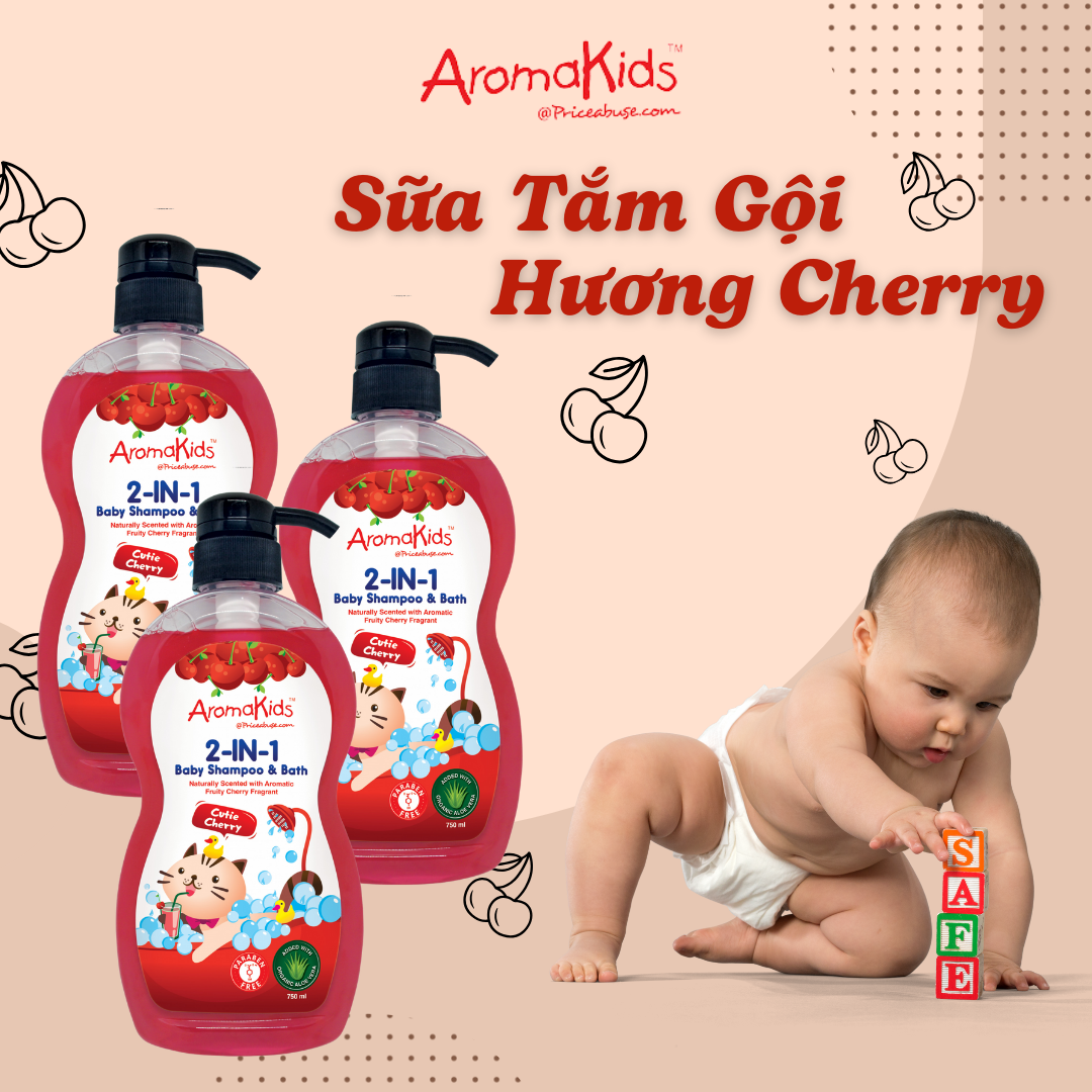 Sữa tắm gội cho bé; sữa tắm bé;sữa tắm gội 2in1;sữa tắm gội 2in1 AromaKids-Hương cherry, 750ml/chai 