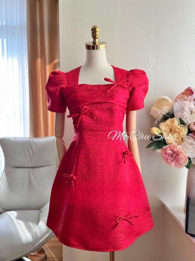 Đầm xòe tapta vân đá cổ vuông đính nơ