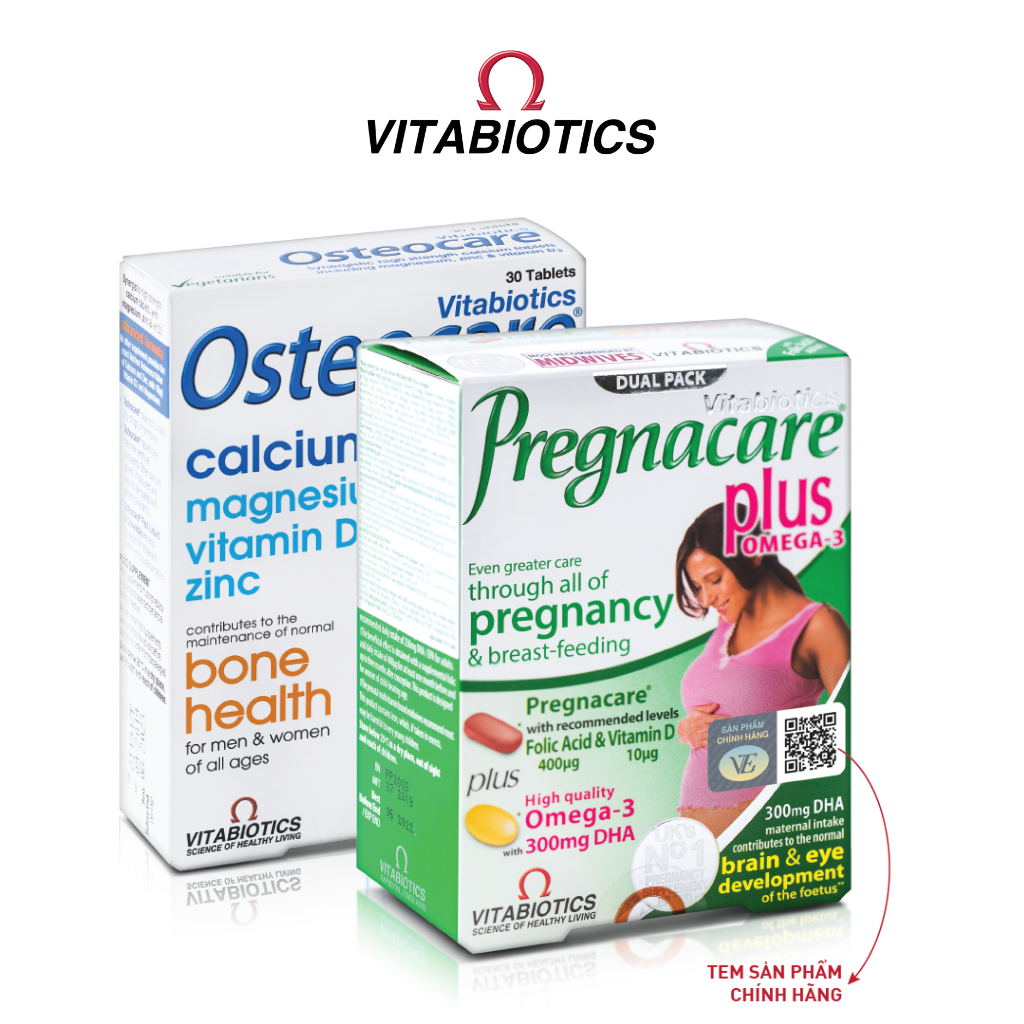 Bộ Sản Phẩm Vitabiotics Tăng Cường Sức Khỏe Cho Mẹ Bầu OSTEOCARE 30 Viên Và PREGNACARE PLUS OMEGA-3 56 Viên