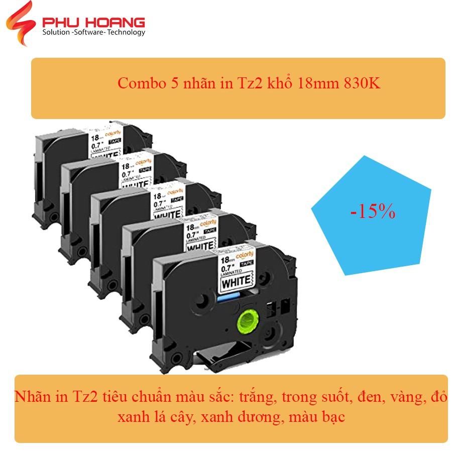 Combo 5 nhãn in TZ2, Hze, Pze khổ rộng 18mm dài 8m, đa lớp, chống thấm nước, chống trầy xước