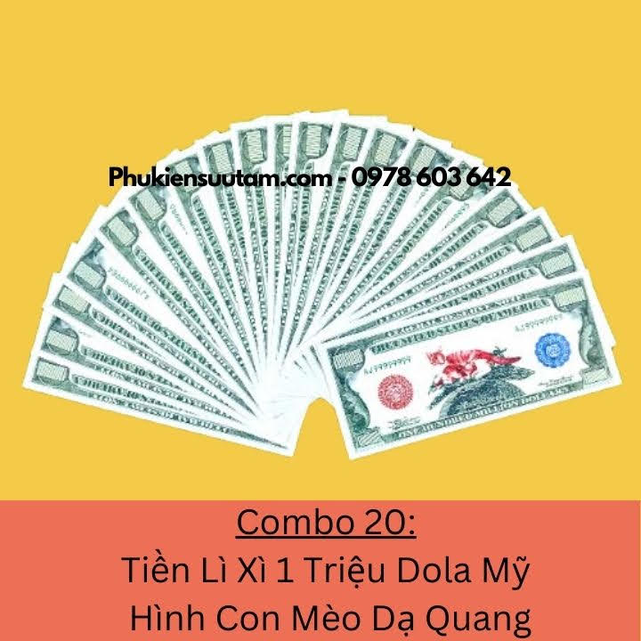 Combo 20 Tờ Lì Xì 1 Triệu Dola Mỹ Hình Con Mèo Dạ Quang, kích thước: 15.5cmx6.5cm, màu đỏ - SP005948