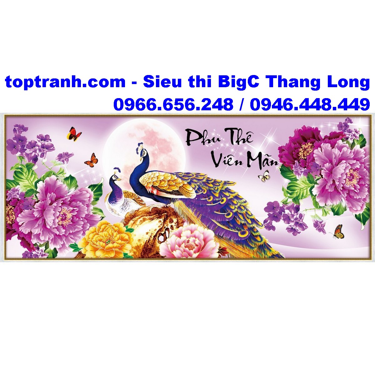 Tranh thêu chữ thập công phu thê viên mãn và hoa mẫu đơn tím 88916 chưa thêu