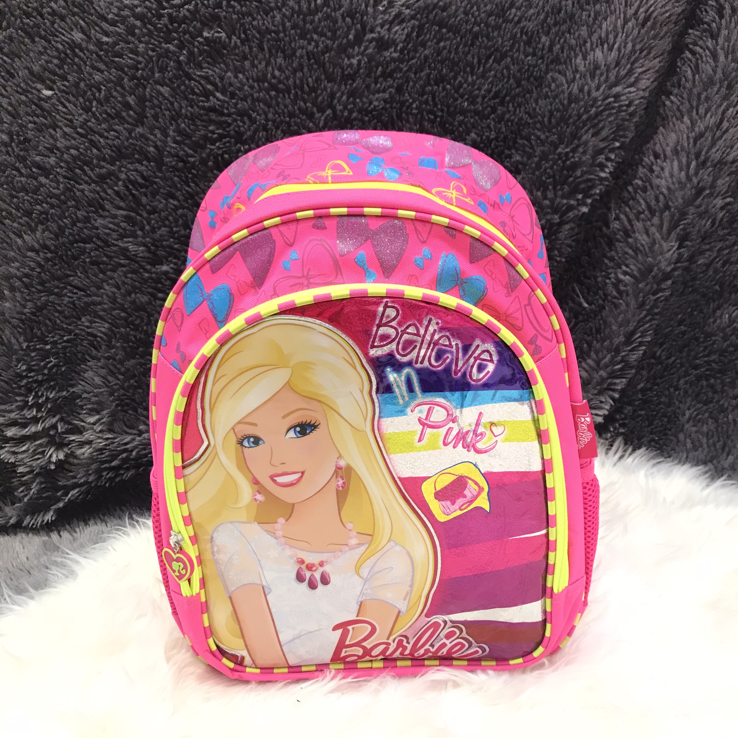 Balo trẻ em 15'' cao cấp hình Barbie sọc hồng viền vàng - BLBB15 - (30x14x40cm)