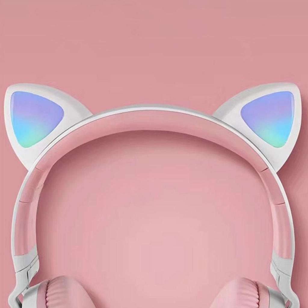 Bluetooth Cat Ear Headband LED Lights Headphones Earphone Headset w/Mic Pink