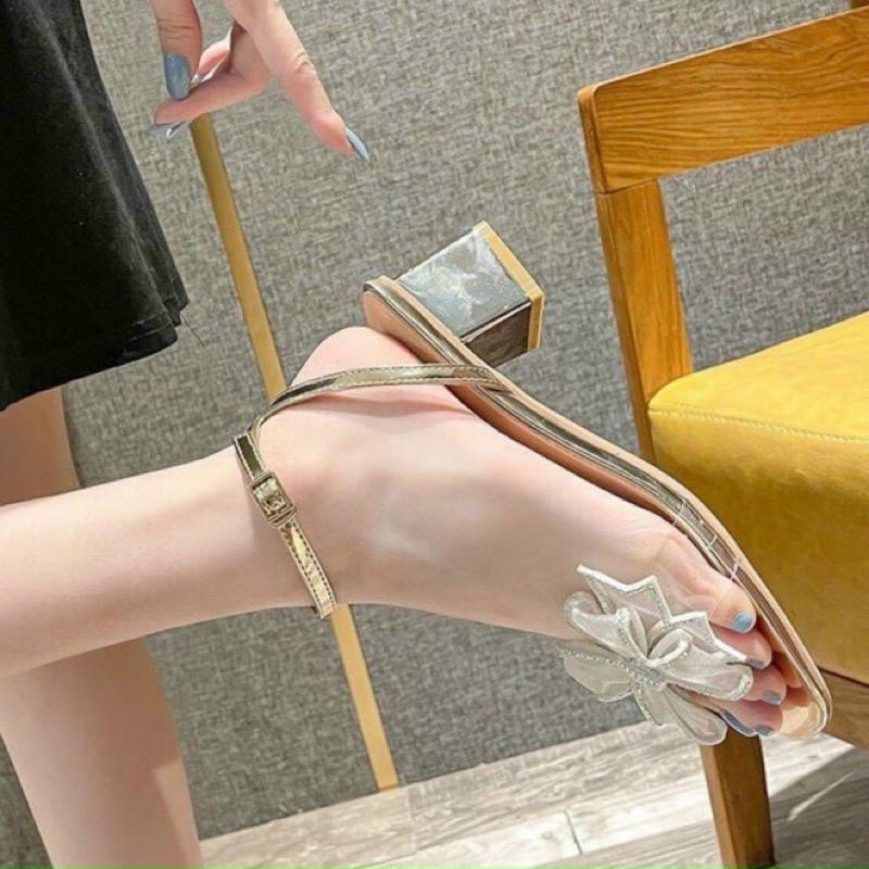 Sandal quai trong gắn nơ, sandal gót vuông 5cm