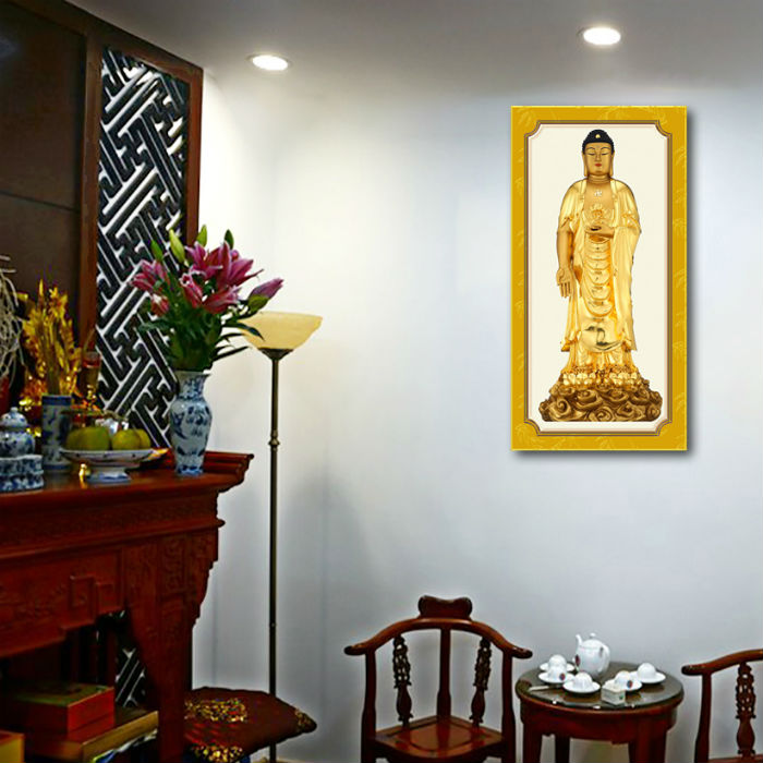 Hình Phật cán gỗ MDF cao cấp trang trí tường phòng thờ, nơi thờ cúng mẫu Phật adida tượng vàng, Tranh Phật Giáo HPV-112