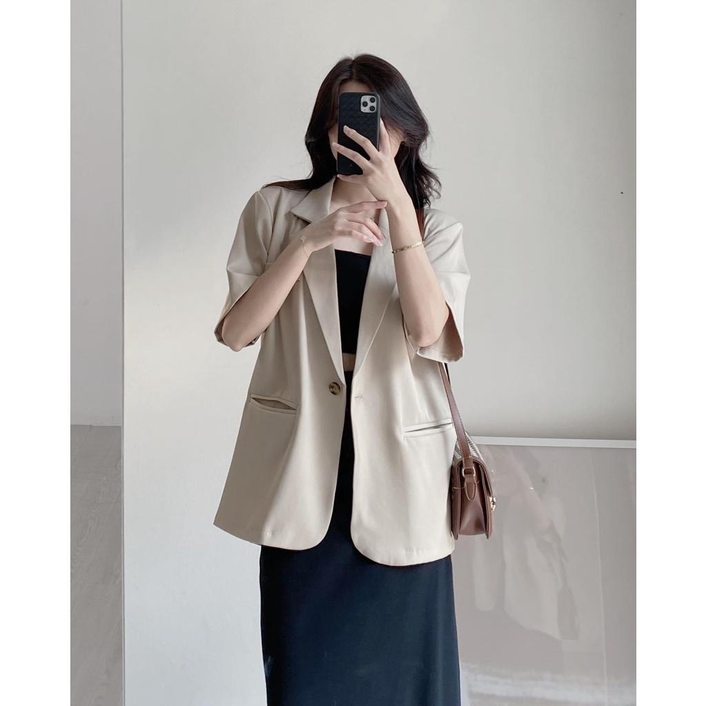 Áo blazer cộc tay EMIX, áo vest freesize dưới 58kg, hai cúc liên, chất trượt hàn