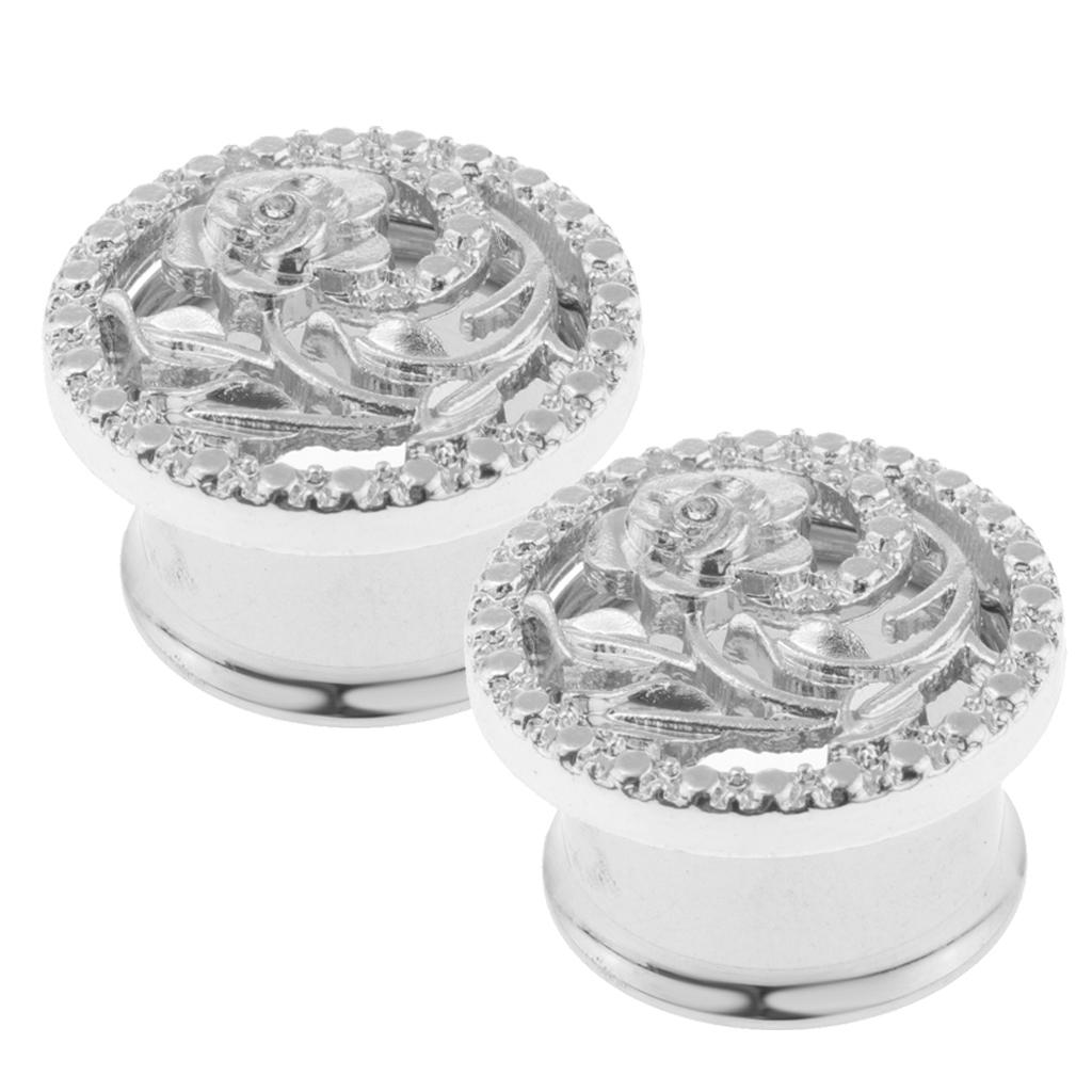 2 Pcs Fancy Silver Flower Ear Plug Tunnel Stainless Steel Ear Jewelry