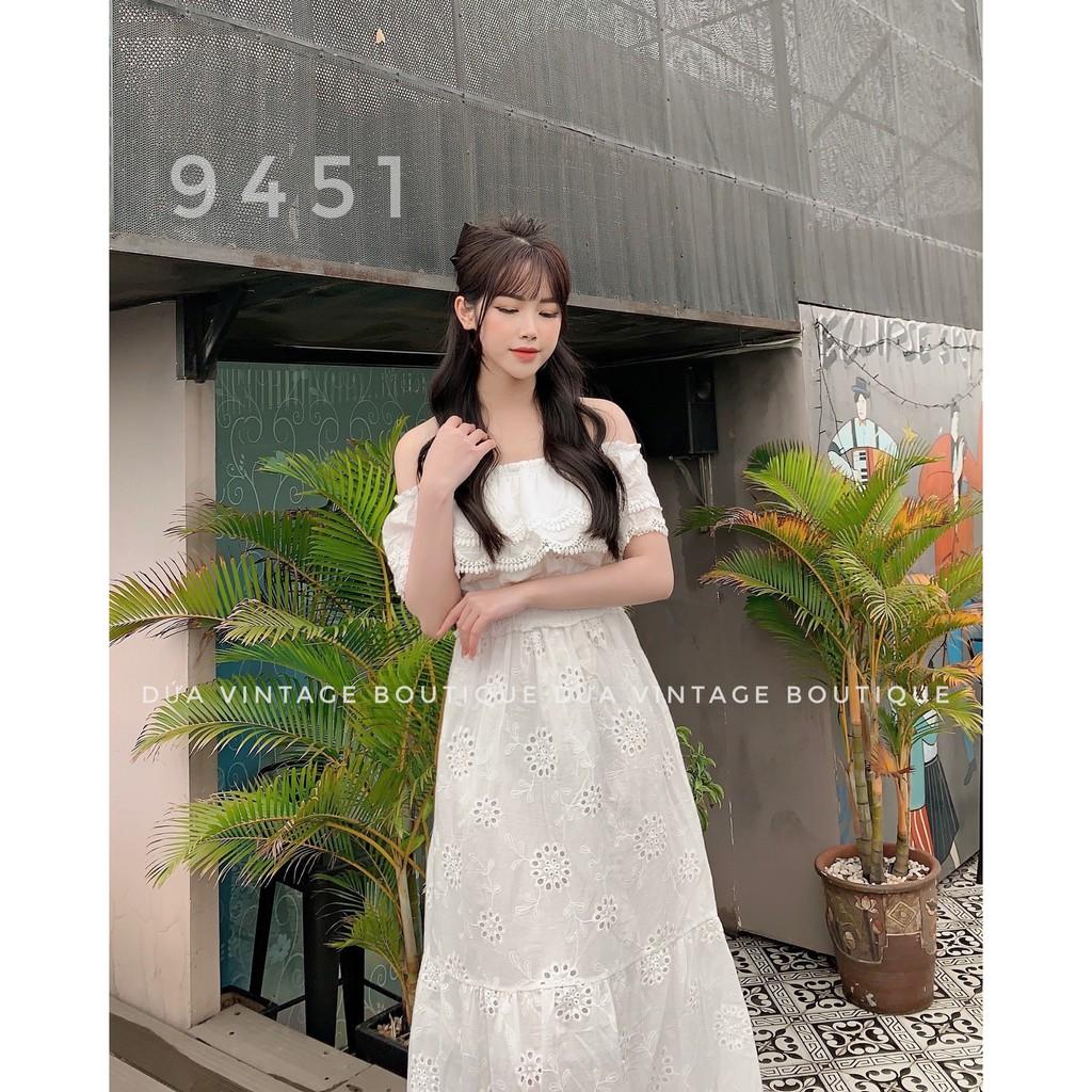 Đầm maxi trắng trễ vai hoa tròn cao cấp - 1833