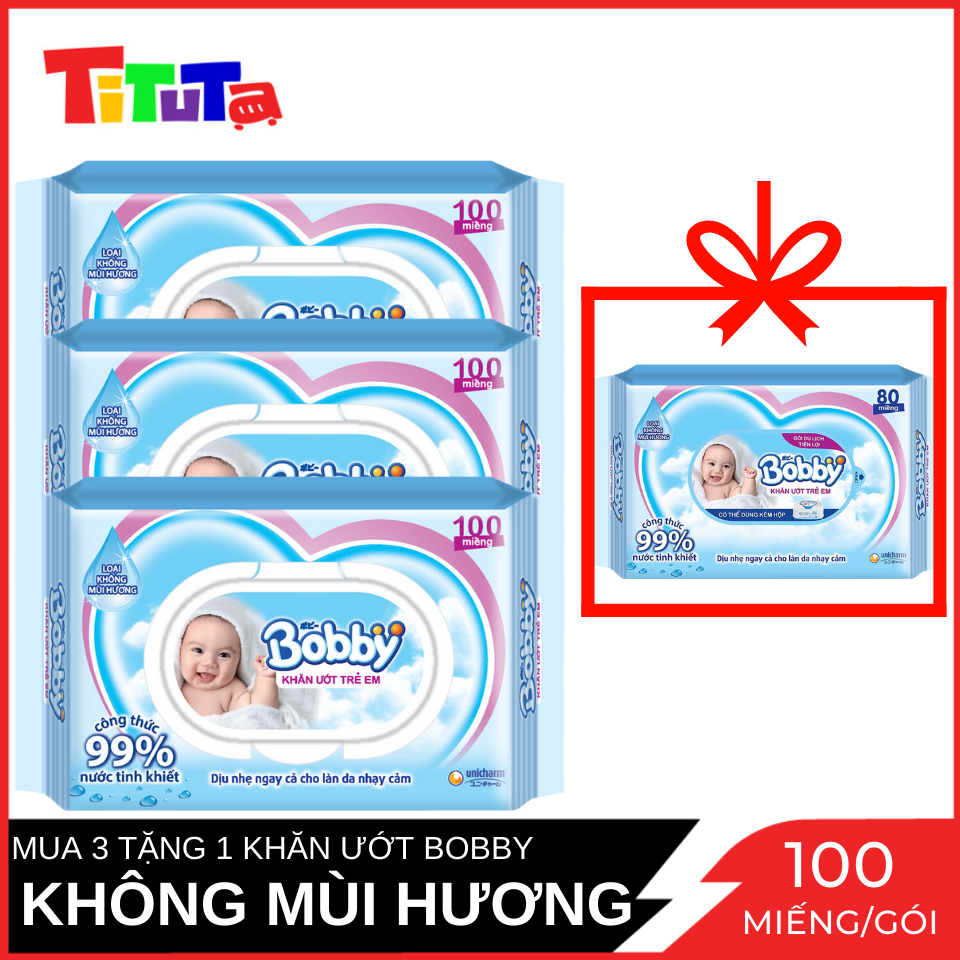 Combo Tiết Kiệm 3 Gói Khăn Ướt Bobby Care Không Hương 100 Tờ/Gói - Tặng 1 Gói Cùng Loại