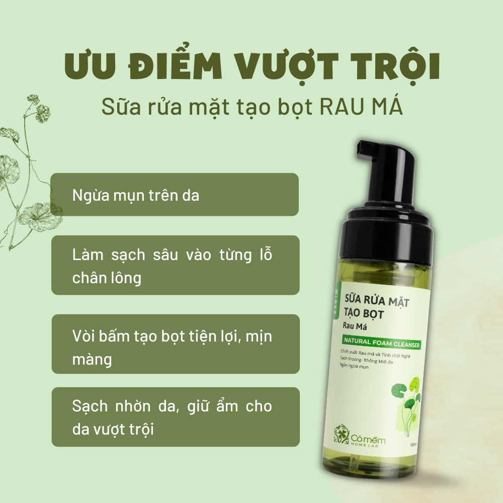 Sữa Rửa Mặt Tạo Bọt Mềm Mịn Làm Sạch Sâu Rau Má Cho Da Mụn Da Dầu Nhạy Cảm Cỏ Mềm 150ml