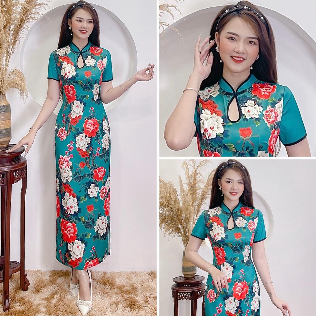 Sườn Xám Lụa Thượng Uyển, Hoa Mẫu Đơn Cao Cấp Sang Trọng Nổi Bật S01Xanh - Áo Dài Xuân Quỳnh