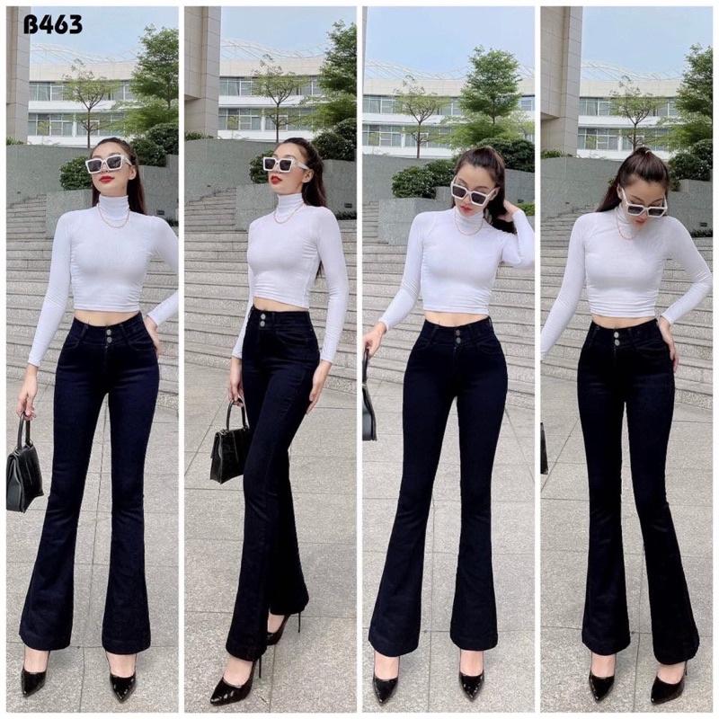 Quần Jeans Ống Loe Dài Lưng Cao 2 Nút Màu Trắng Đen