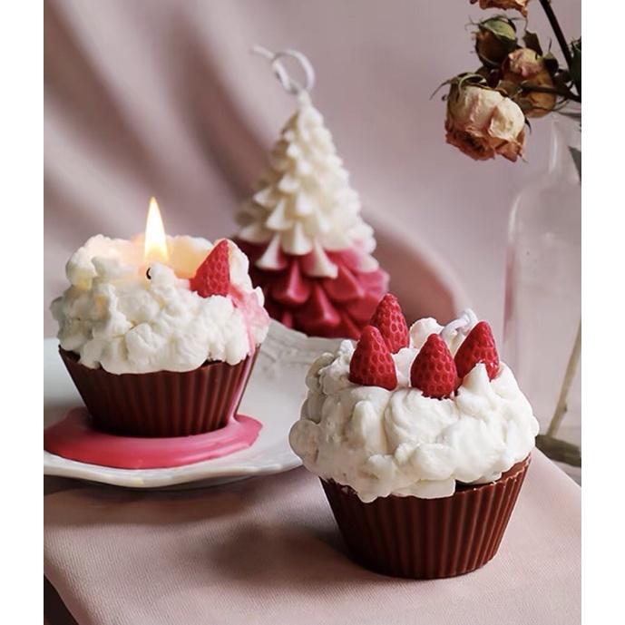 Nến Thơm Bánh Cupcake Dâu Tây Mini Hàn Quốc, Phụ Kiện Decor, Quà Tặng