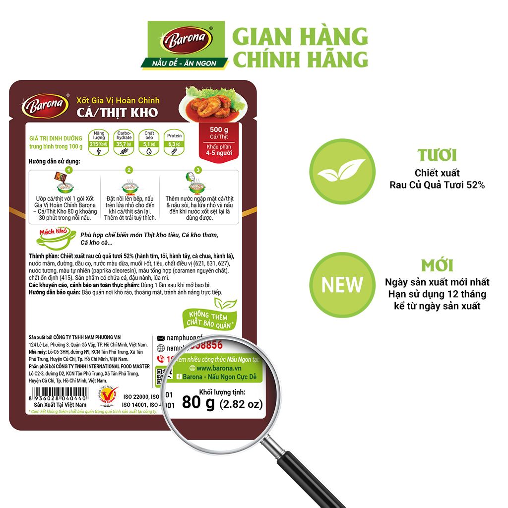 Combo Xốt gia vị hoàn chỉnh Barona: 1 gói Cá/ thịt kho (80gr) + 1 gói Sườn xào chua ngọt (80gr) + 1 gói Canh chua (80gr)