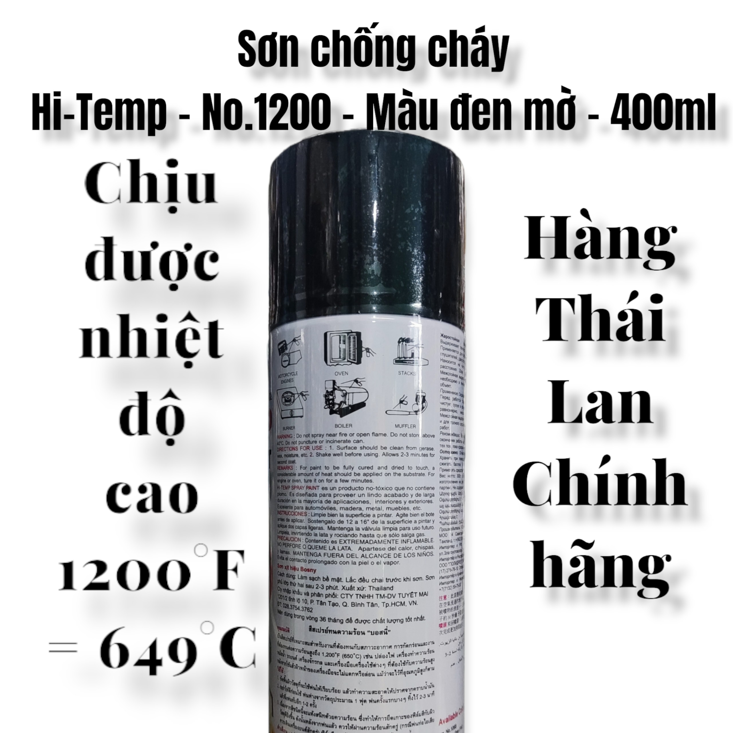 Sơn xịt chống cháy chịu được nhiệt độ cao Hi-Temp - No.1200 - Màu đen mờ - 400ml - Made in Thái Lan