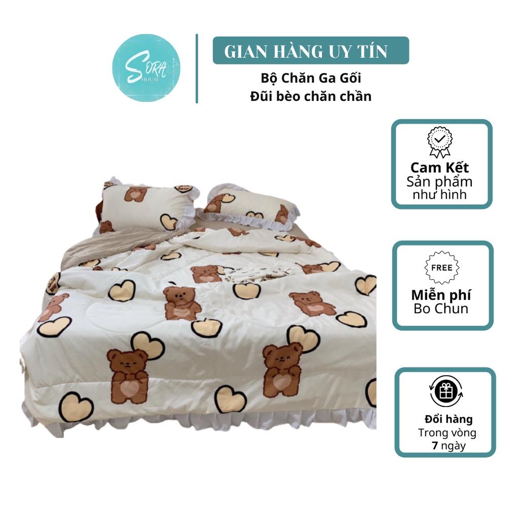 Bộ Chăn Ga Gối Cotton Đũi Bèo Chăn Chần Gấu Nâu
