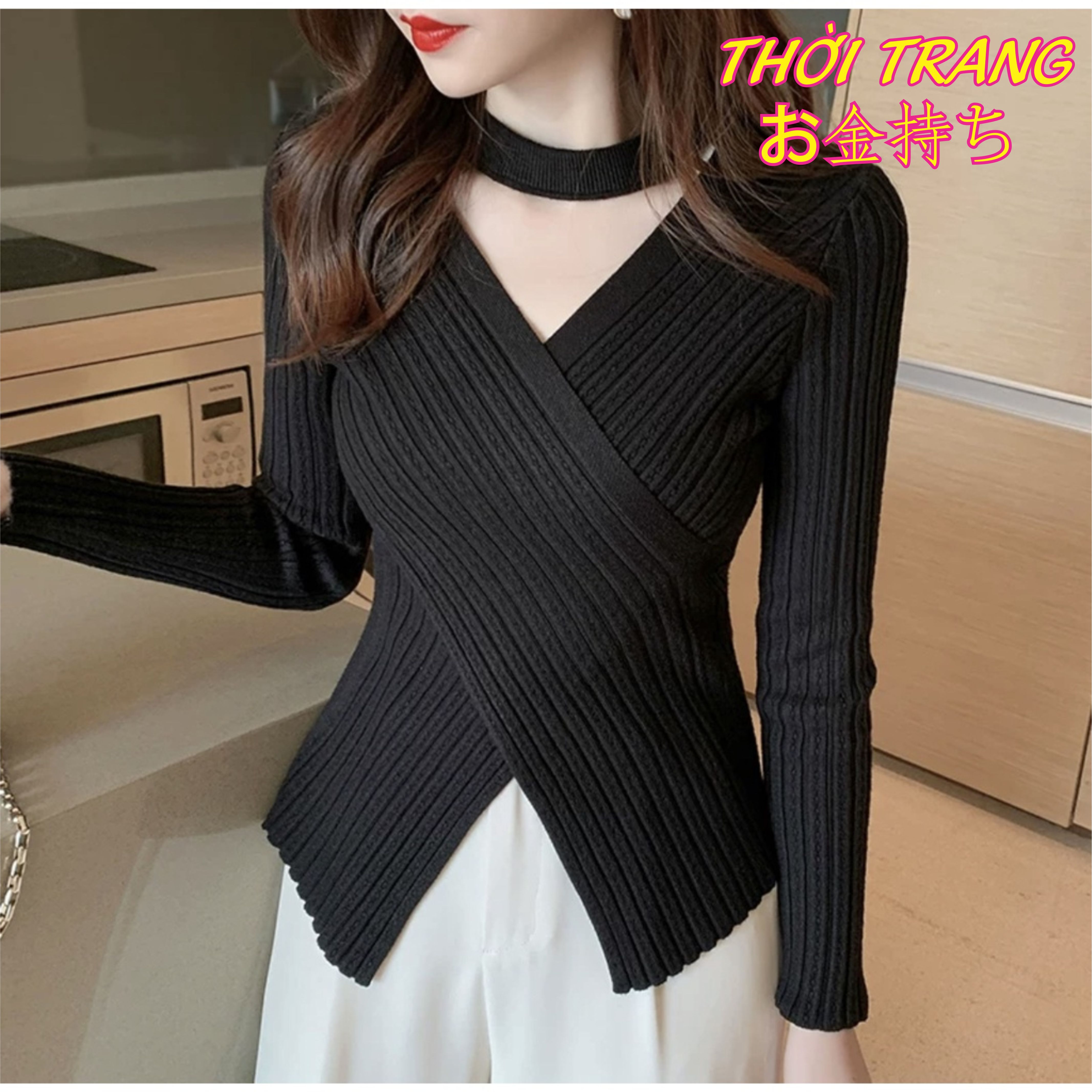 Áo len nữ kiểu len vạt chéo cổ choker dài tay dáng ôm chất đẹp 3432