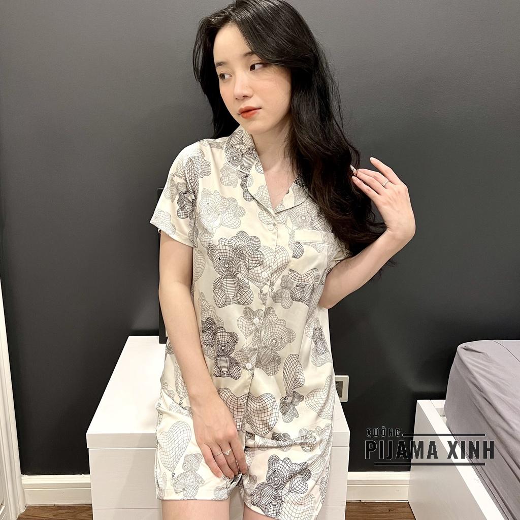 Đồ Bộ Nữ FREESHIP Bộ Đồ Ngủ Lụa pijama cộc tay mặc nhà họa tiết gấu trái tim dễ thương