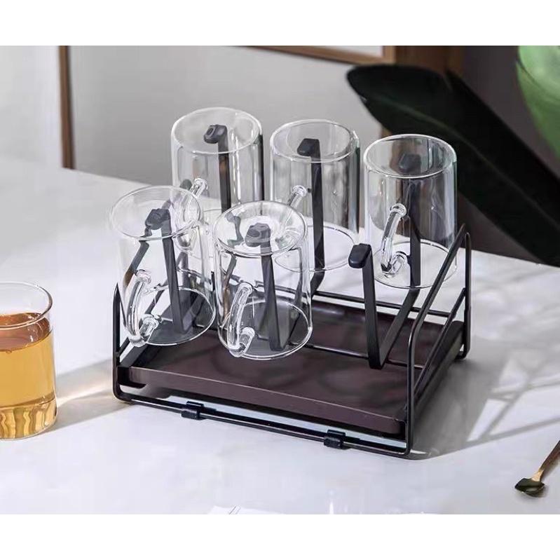 GIÁ ÚP LY CỐC CHỮ NHẬT KÈM KHAY HỨNG NƯỚC KIM LOẠI SƠN TĨNH ĐIỆN ĐEN KHÔNG GỈ