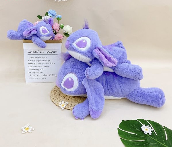 Gấu bông Stitch hồng nằm lông mịn smooth, stich tím nằm nhồi bông