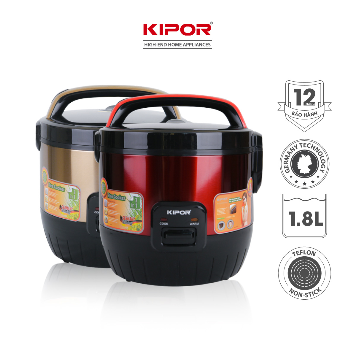 Nồi cơm điện KIPOR KP-N6518 - 1.8L - Nồi cơ dung tích lớn 4-6 người ăn, chống dính TEFLON 3mm 1Kg, màu đỏ/vàng đa năng -Hàng chính hãng- Bảo hành tại nhà 12 tháng