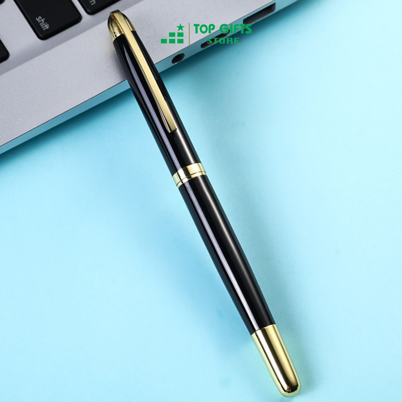 Bút ký doanh nhân PE032 khắc tên - ngòi 0.5mm mực xanh đen viền vàng + Hộp bút