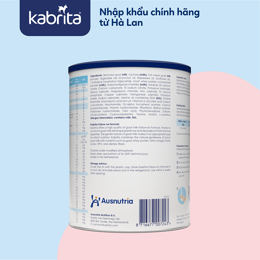 Sữa dê Kabrita số 2 cho trẻ từ 12 - 24 tháng - Lon 800g