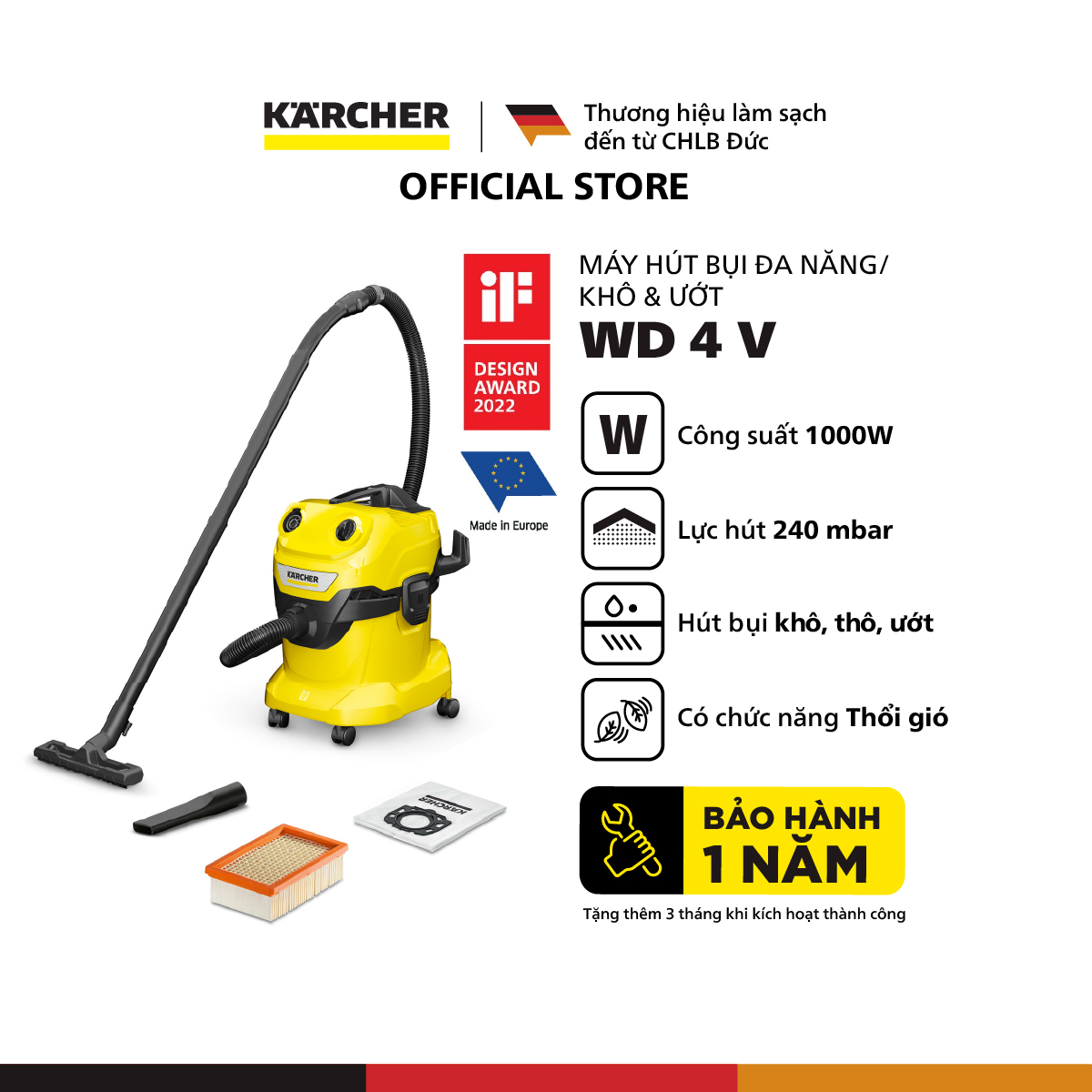 [Mới 2025] Máy hút bụi đa năng khô và ướt WD4V dành cho Karcher - Công suất 1000W - Bảo hành chính hãng 12 tháng - Hàng Chính Hãng