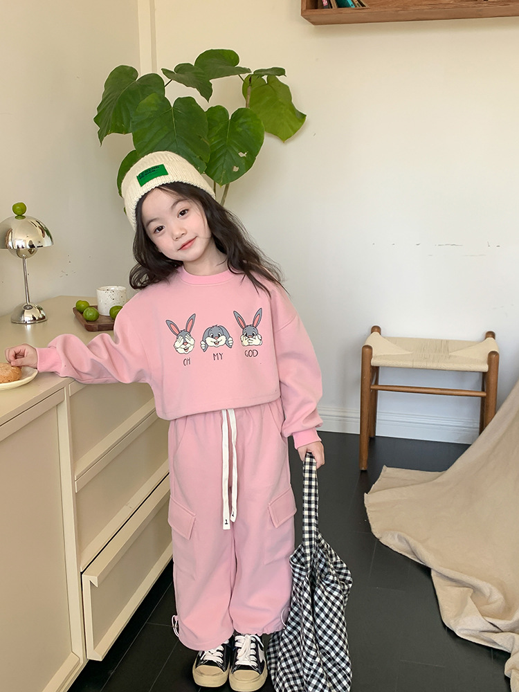 Bộ nỉ cho bé gái sành điệu 3-8 tuổi hình 3 thỏ áo croptop chất liệu cao cấp kiểu dáng thời trang