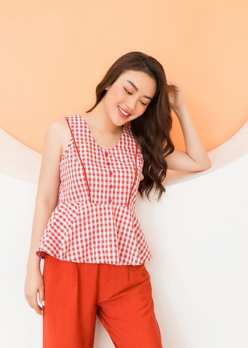 Đồ ngủ nữ đồ mặc nhà thiết kế Freedy-Bộ sát nách áo kẻ quần ống rộng cam