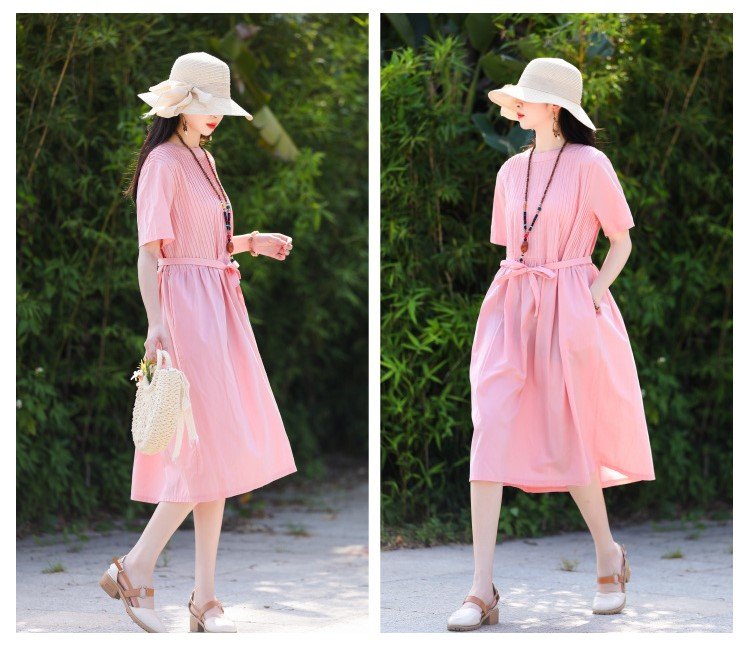 Đầm linen cổ tròn, đầm thiết kế mẫu mới năm nay, thời trang nữ cao cấp NH192 hồng