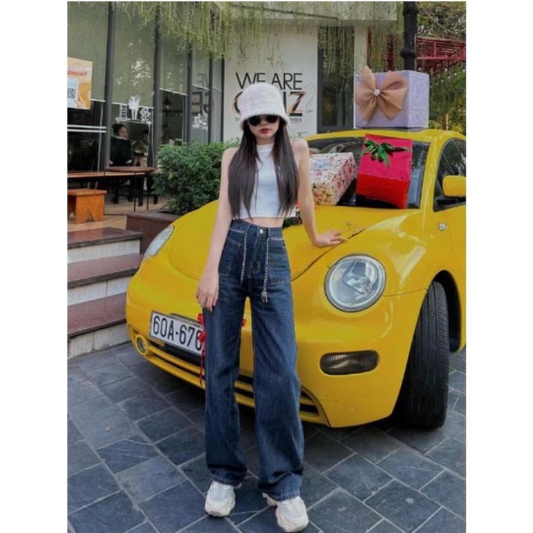 Quần jeans xuông ống rộng kèm dây xích cạp cao thời trang NIEVE
