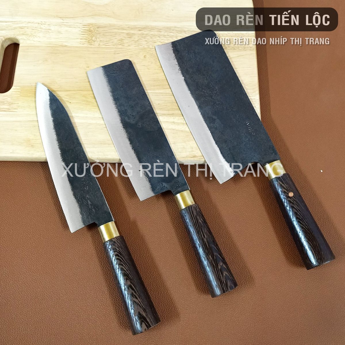 Bộ 3 Dao Nhà Bếp, Thép Nhíp Nga - Rèn Hoàn Toàn Thủ Công, Cán Gỗ Mun, Dao Chặt, Thái, Lọc