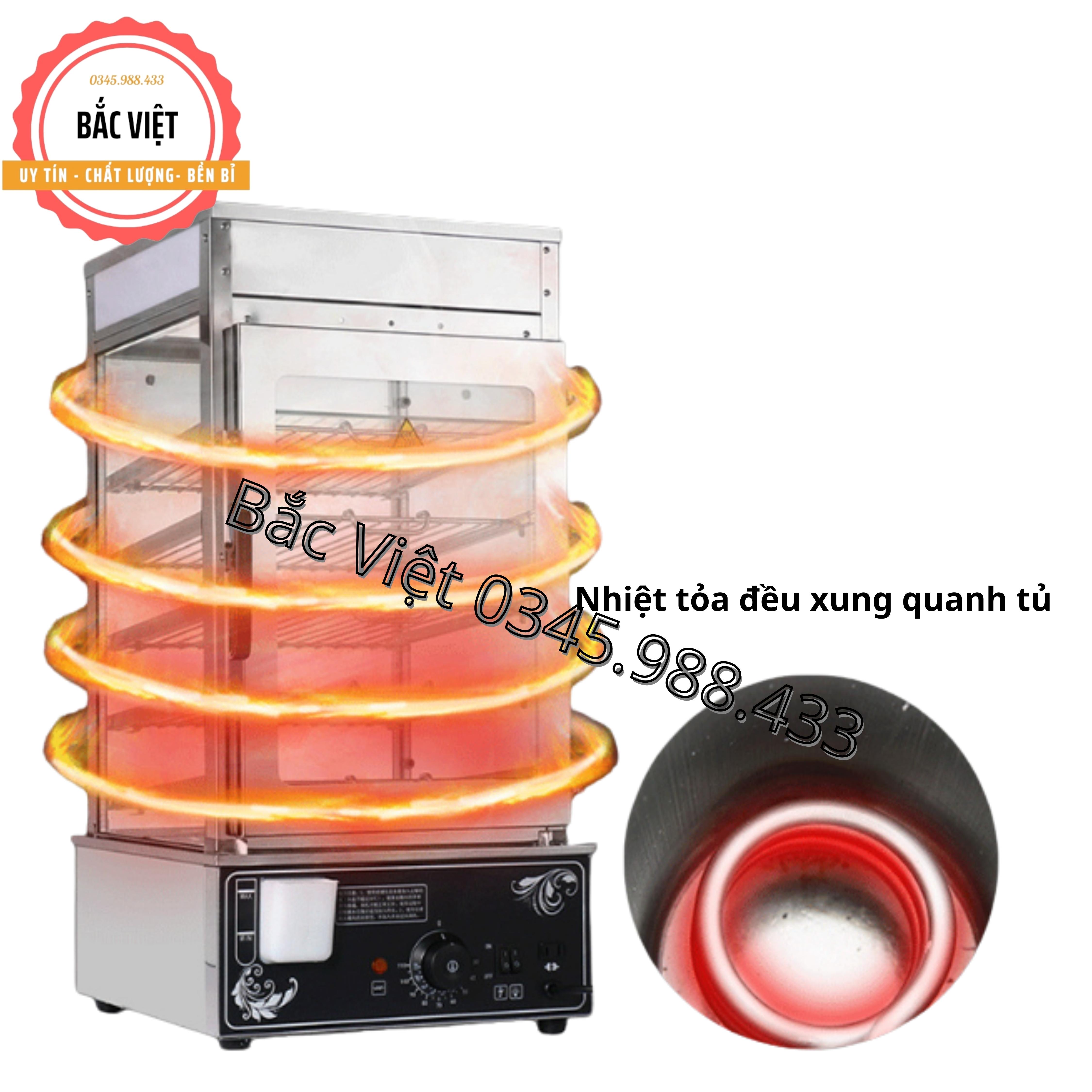 Tủ hấp nóng trưng bày bánh bao loại 5 tầng kính 2 lớp chống đọng nước, chống ướt nhão bánh