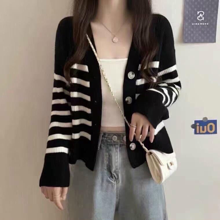 Áo cadigan len nữ dày sọc kẻ nhỏ, Cadigan viền phong cách Ulzzang Hàn Quốc