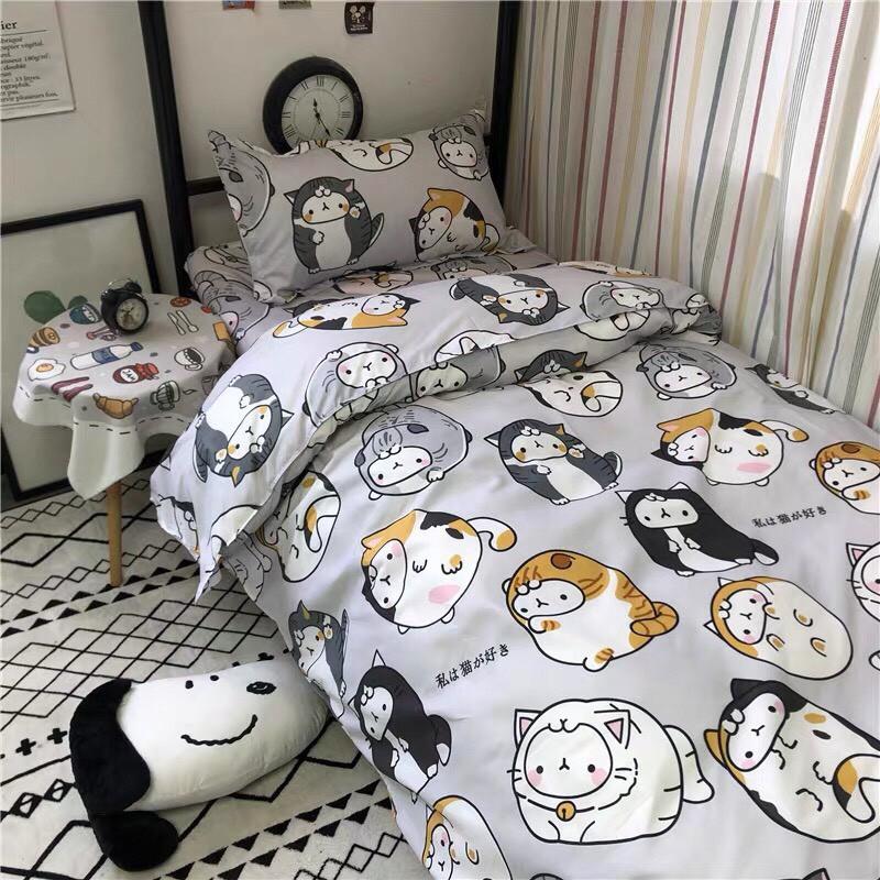 Bộ chăn ga gối Cotton poly M2T Bedding Mèo mập. vỏ chăn mền, drap nệm và 2 vỏ gối