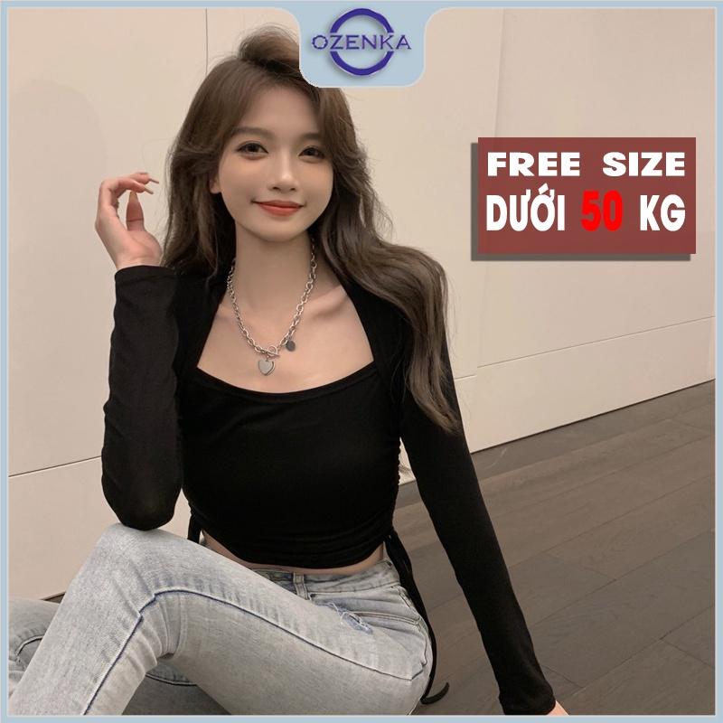 Áo croptop tay dài rút dây eo cổ thuyền nữ Ozenka , áo crt ôm body kiểu thun gân cotton màu đen trắng mặc đi chơi đi học