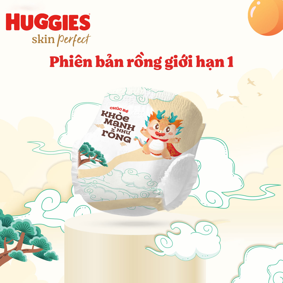 Tã quần Huggies Skin Perfect phiên bản Rồng giới hạn Mega Jumbo XL72+4 miếng với 2 vùng thấm giảm kích ứng da