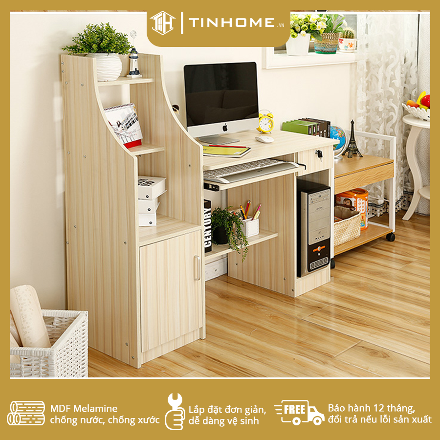 Bàn vi tính kết hợp giá sách gỗ MDF, cứng cáp, chịu ẩm tốt rất tiện lợi BH-002