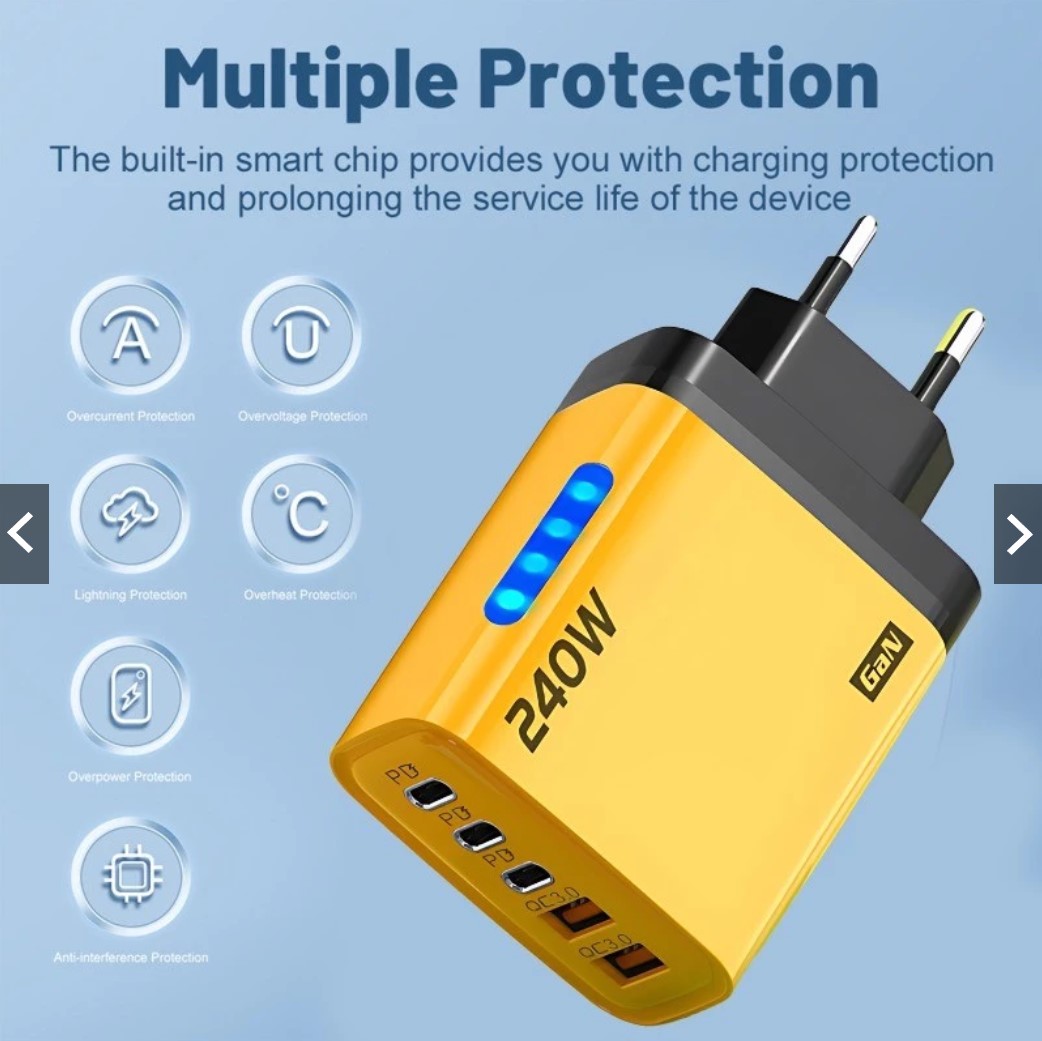 Bộ sạc GaN 240W - Sạc nhanh USB 5 cổng PD có đèn LED, Sạc siêu nhanh Type C cho máy tính xách tay, điện thoại và MacBook - miếng lót chuột