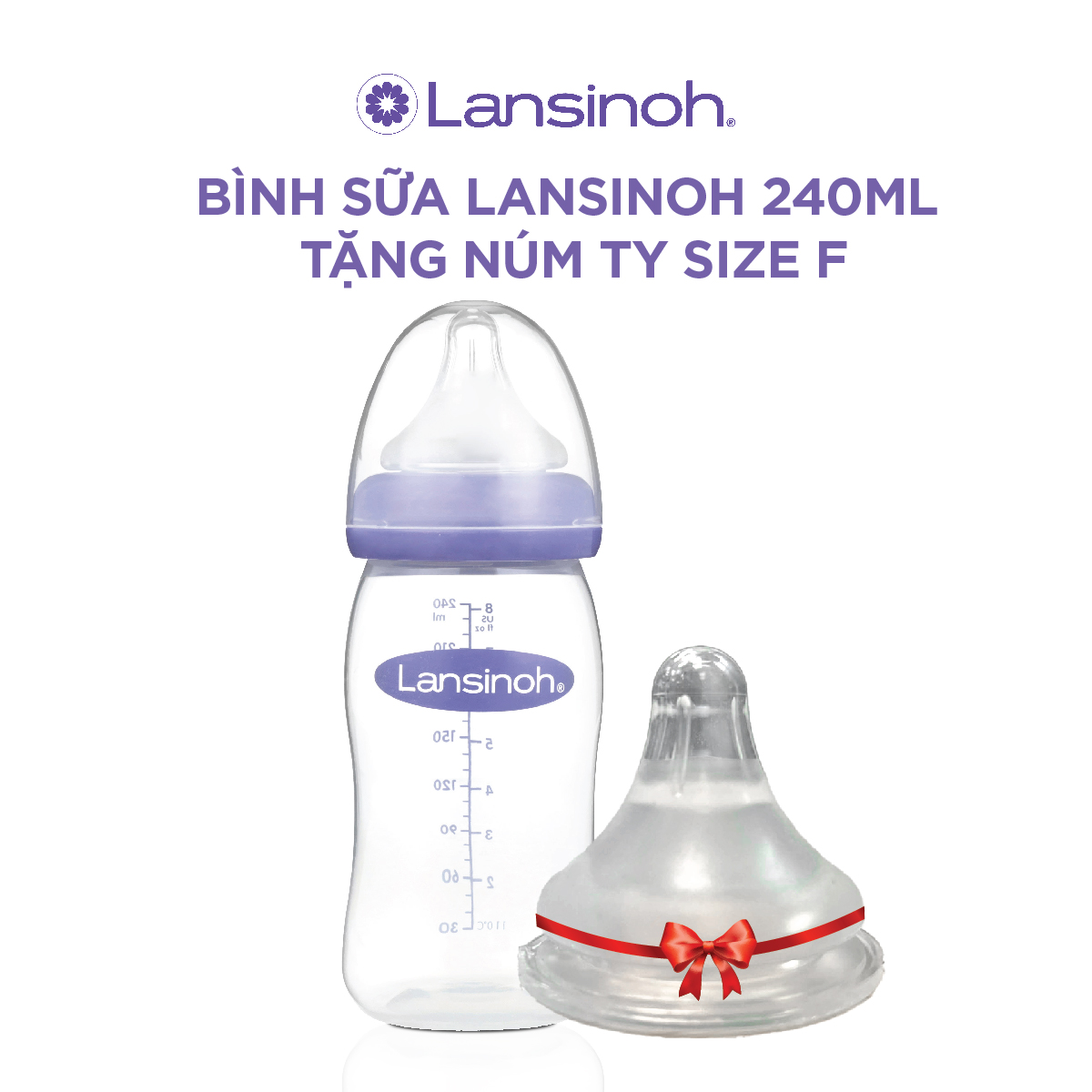 Bộ Đôi Bình Sữa Cổ Rộng Lansinoh Dung Tích 240ml + Núm Ty Size F