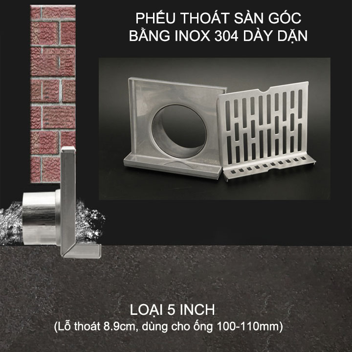 Phễu thoát sàn góc bằng inox 304 dày dặn, loại 5inch lệch